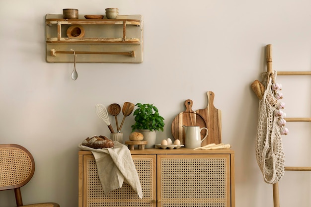 Interior design dello spazio cucina con scala da comò in rattan erbe verdure cibo e accessori da cucina in arredamento moderno per la casa