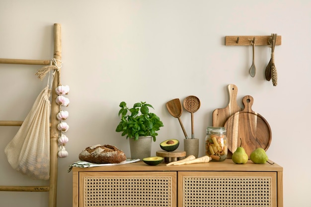 현대 가정 장식의 등나무 변기 사다리 허브 야채 음식과 주방 액세서리가 있는 주방 공간의 인테리어 디자인 Template