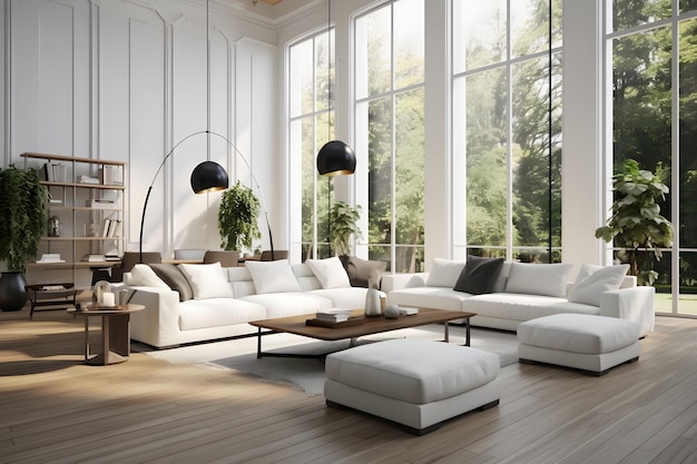 Interior design of large luxury modern bright interiors living room