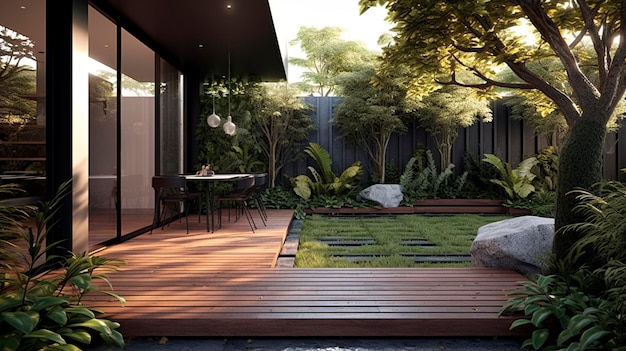 Interior design of a lavish side outside garden at morning with a teak hardwood deck and a black pergola Generative AI