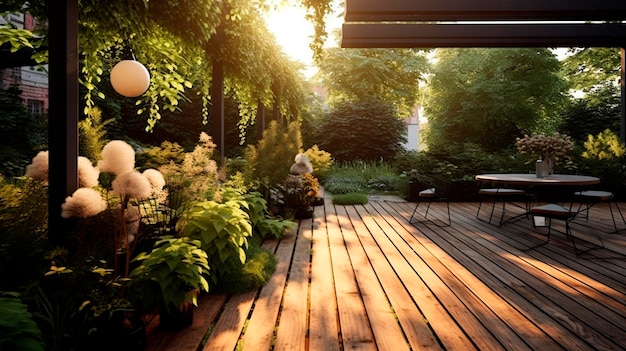 Interior design of a lavish side outside garden at morning with a teak hardwood deck and a black pergola Generative AI