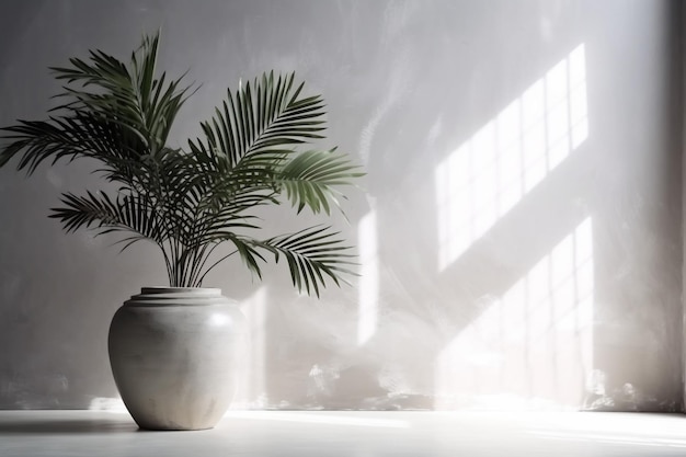 Interior design leaf shadows sunlight home palm vase palm concrete decor wall tree Generative AI