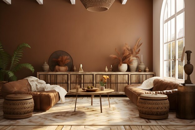 Interior design light ethnic boho decoration living room in brown warm color