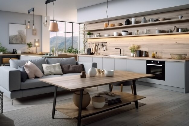 Interior design light Stylish apartment interior with modern kitchen created generative ai