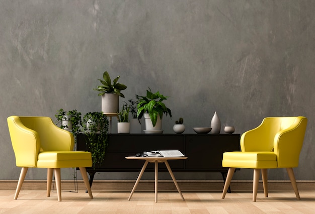 안락 의자, 식물을 가진 거실 또는 응접을위한 실내 디자인. 3d 렌더링