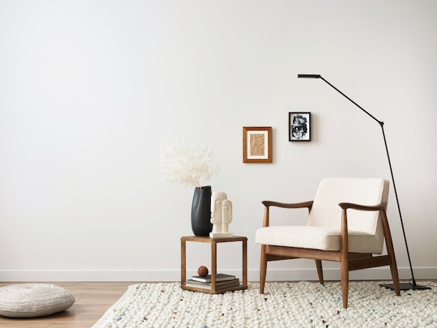 Foto disegno d'interno un interno del soggiorno con spazio di copia mock up poltrona cartellone lampada da tavolo da caffè