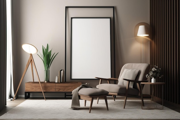 Дизайн интерьера гостиной с дизайнерским креслом, макет постера, созданный AI