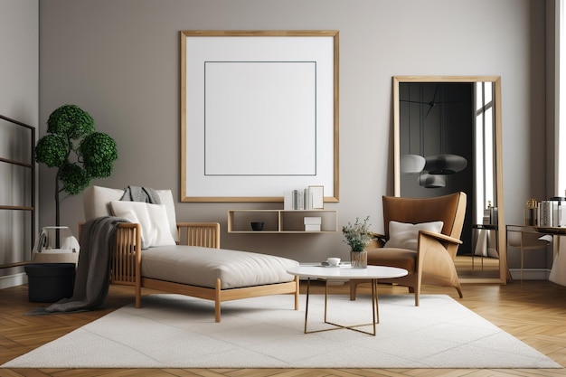 Дизайн интерьера гостиной с дизайнерским креслом, макет постера, созданный AI