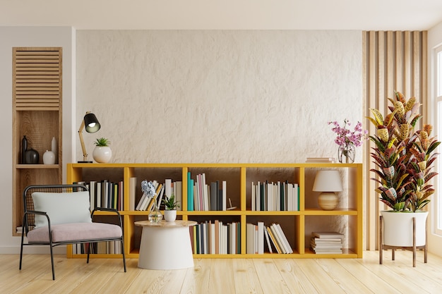 Interior design del soggiorno con poltrona sul muro bianco chiaro vuoto, sala biblioteca. rendering 3d Foto Premium