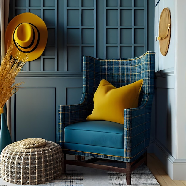 Interior design of living room with blue armchair and yellow plaid. Rattan furniture in room with pa