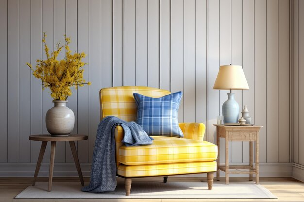 Interior design of living room with blue armchair and yellow