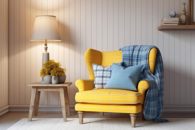 Interior design of living room with blue armchair and yellow