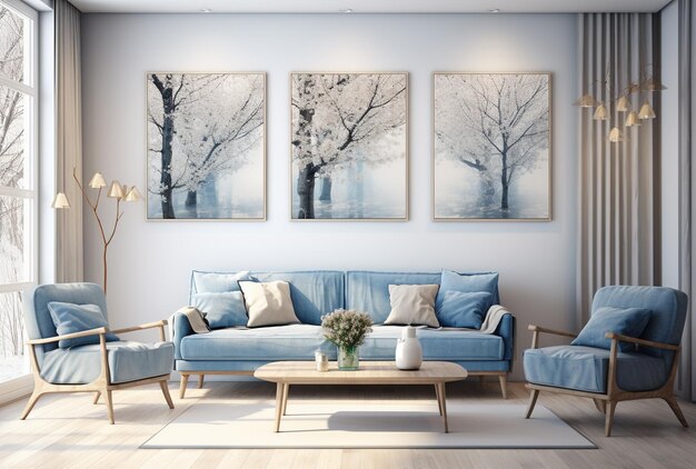 Photo interior design of living room with bue sofa chairs wooden table and painting created with ai