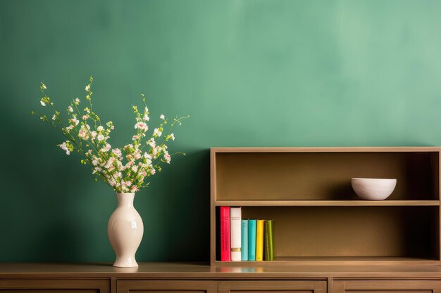 Interior design of living room with cabinet over green