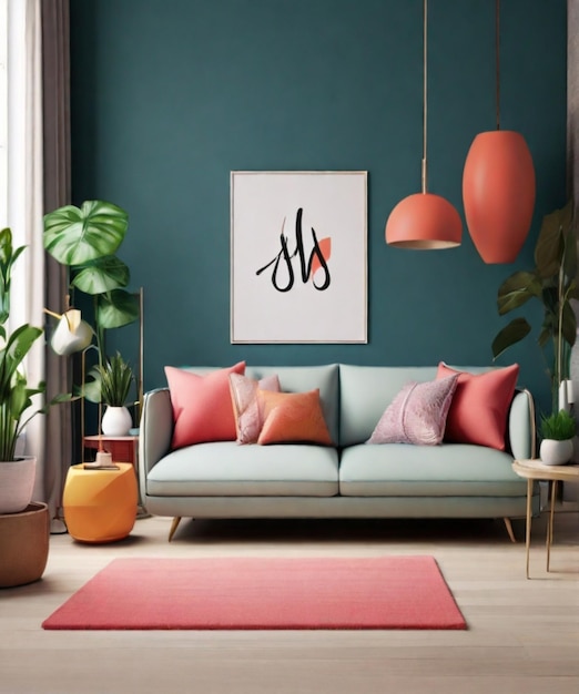 Photo interior design a living room with a couch and a painting of the word s on the wall