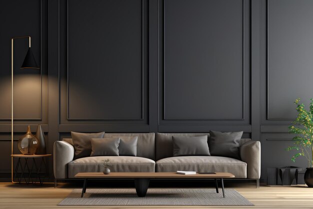 검정 위에 회색 소파가 있는 거실의 인테리어 디자인