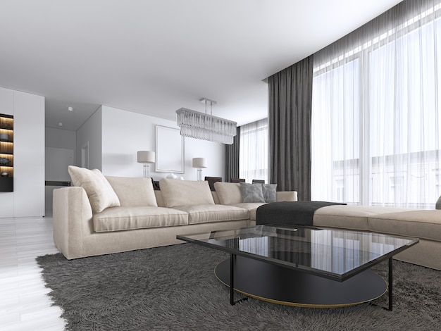 Interior Design: Living room with a large corner sofa and a TV unit in contemporary style. 3d rendering