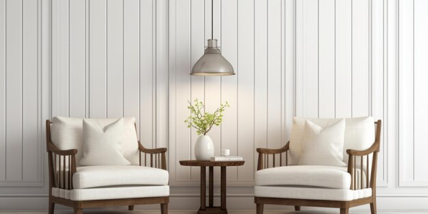 Interior design of living room with pendant lights white armchair over the white planks paneling