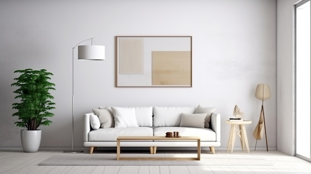Interior design of a living room with a sofa a painting and lamps Generated AI