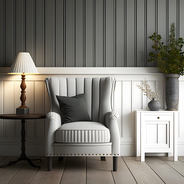 Foto interior design del soggiorno con poltrona bianca sopra la parete di pannellatura di tavole grigie stile rustico home design rendering 3d