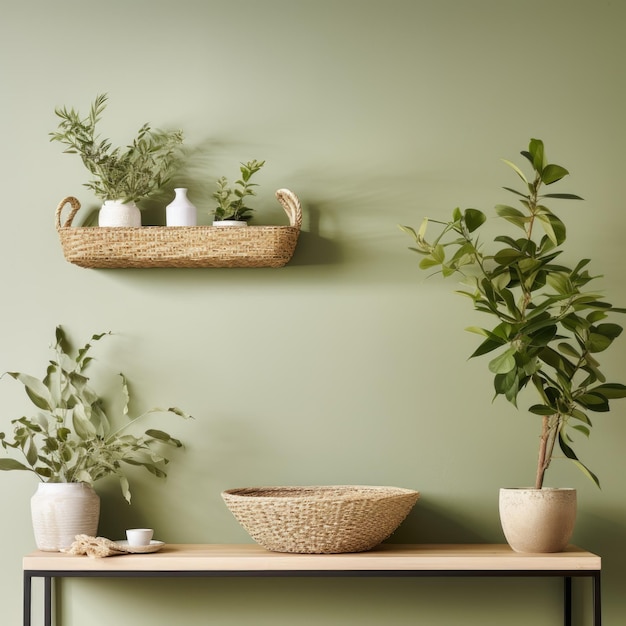 Photo interior design of living room with wooden shelf wall decor with flower in woven basket plant pot