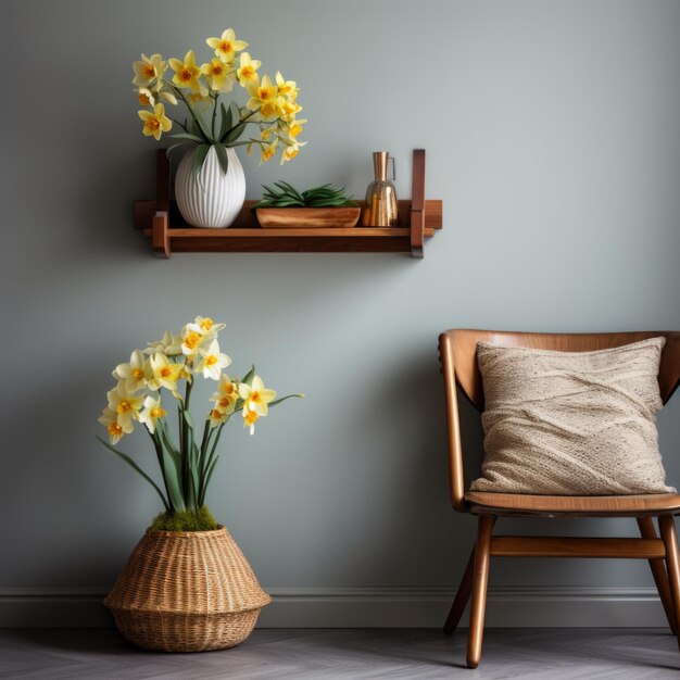 Interior design of living room with wooden shelf Wall decor with narcissus flower in woven basket