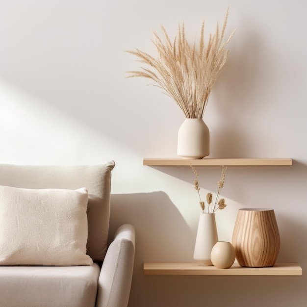 Photo interior design of living room with wooden shelf wall decor with pampas grass in decorative vase