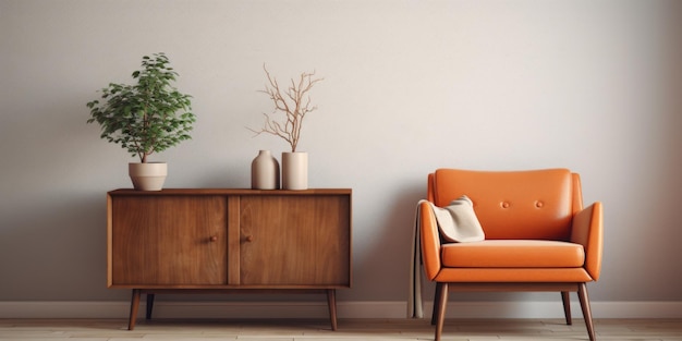 Interior design of living room with wooden sideboard and armchair