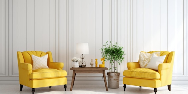 Дизайн интерьера гостиной с желтыми креслами над белыми досками панельной стены Ферма