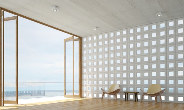 Дизайн интерьера гостиной декоративный и фон бетонной стены и вид на море