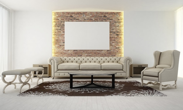 The interior design of lounge and living room and empty canvas\
frame on brick wall background