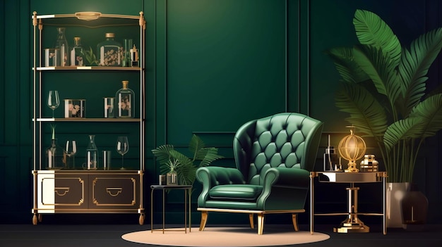 Interior design of luxury living room with stylish armchair gold liquor cabinet AI Generative