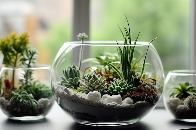 interior design Mini succulent garden in glass terrarium on windowsill