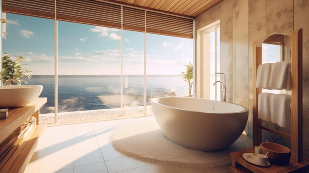 바다가 보이는 화이트와 라이트 브라운 톤 컬러의 미니멀 원목 욕실 인테리어 디자인 제너레이티브 AI 이미지 AIG30