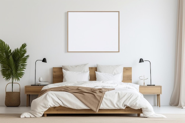 Interior design of a minimalist white bedroom with mock up of a white vast picture frame