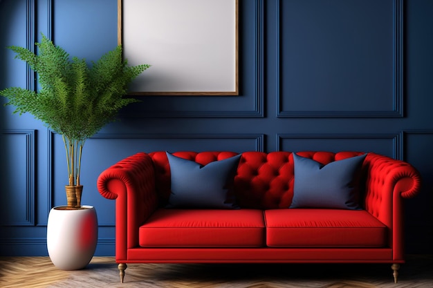 Interior design mock up of a living room with a red sofa a wooden table and rattan furnishings against a dark blue backdrop panorama