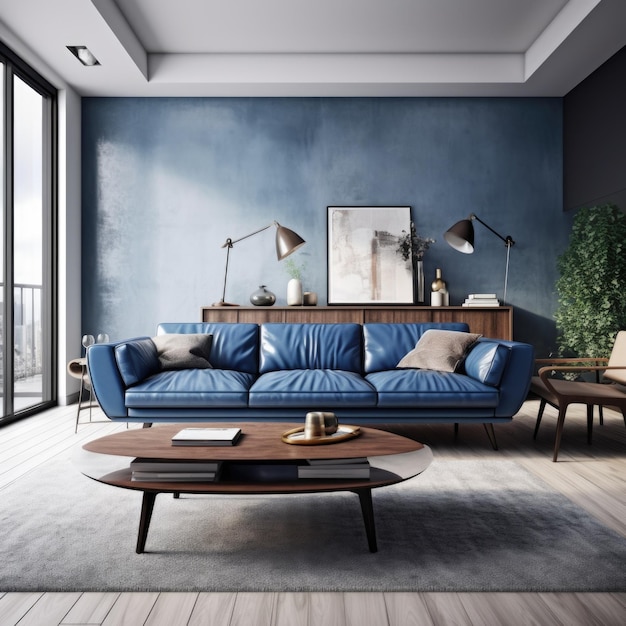 Interior design of modern apartment blue leather sofa in living room wooden coffee table