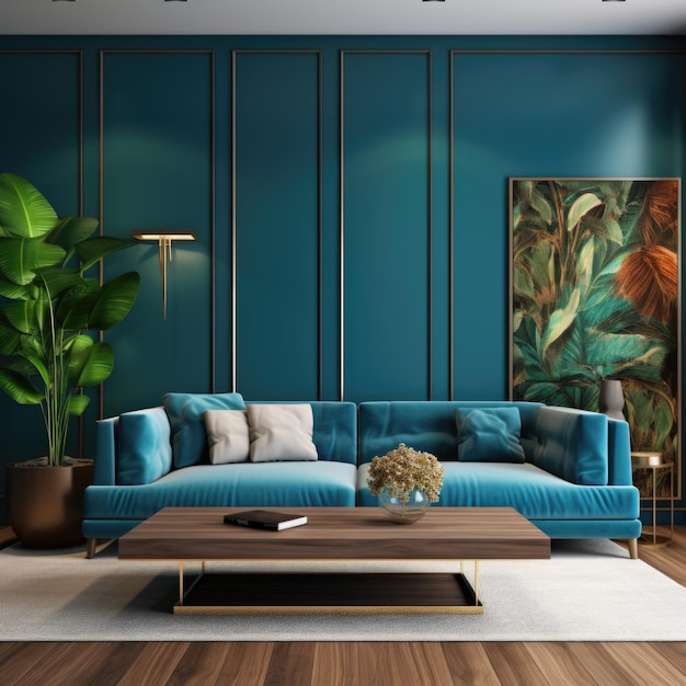 Interior design of modern apartment blue sofa in living room green wall wooden paneling