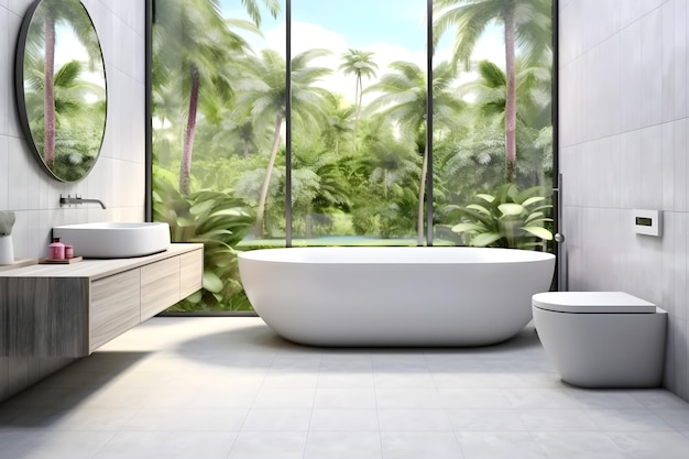 Interior design of Modern bathroom interior with wooden decor in eco style created generative AI