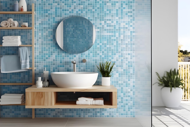 Interior design of a modern bathroom with a wall mirror and washbasin