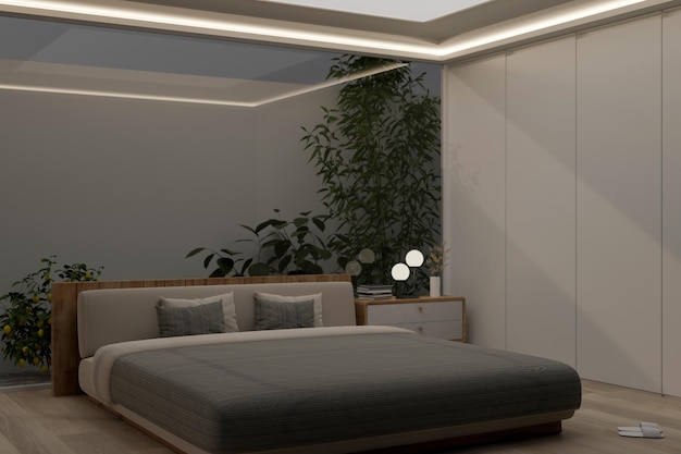 Interior design di una camera da letto moderna con moderna luce indiretta sul giardino interno a soffitto