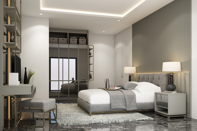 Interior design modern classic style of bedroom with gray spay\
paint black marble wood and gold texture and white furniture set 3d\
rendering interior