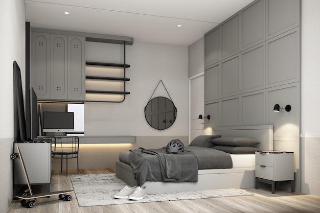 Interior design modern classic style of bedroom with gray spay
paint black marble wood and gold texture and white furniture set 3d
rendering interior