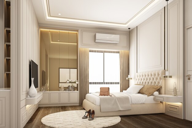 Interior design modern classic style of bedroom with white spay
paint wood and gold texture and white furniture set 3d rendering
interior