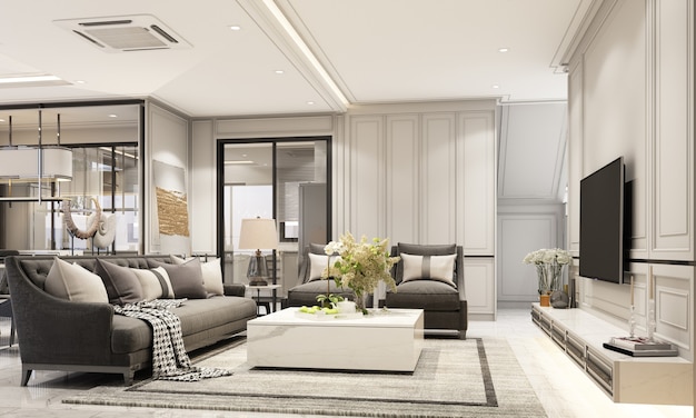 Interior design modern classic style of living and dining area with black marble and black steel texture and gray furniture built-in 3d rendering