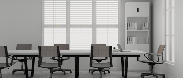 Interior design of a modern contemporary white meeting room with large meeting table