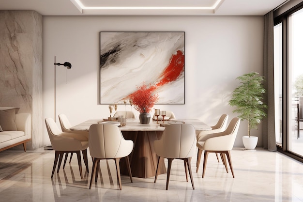Interior design of modern dining room with beige furniture and table Scandinavian style