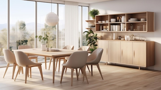 Interior design of the modern dining room with cupboard