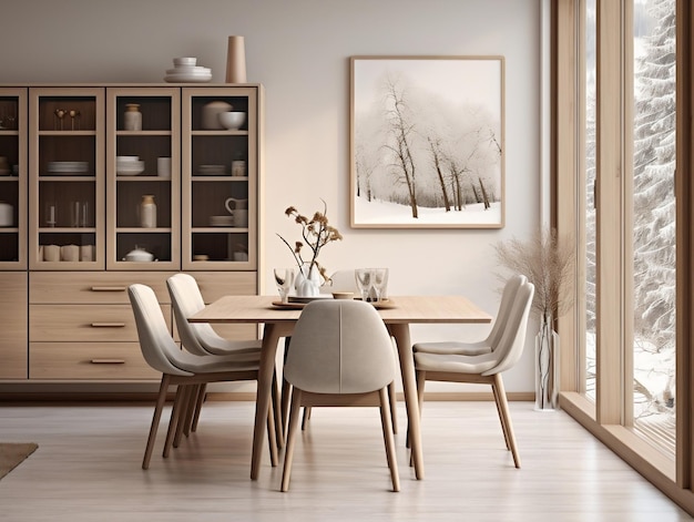 Interior design of the modern dining room with cupboard