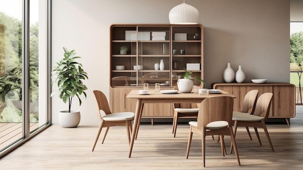 Interior design of the modern dining room with cupboard